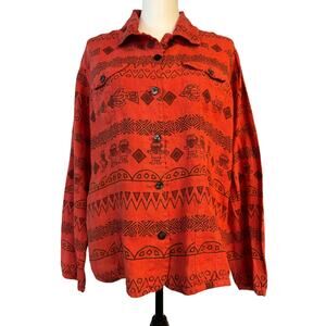 Chico's Tribal Boho Linen Button-Up Shirt Shacket Jacket Women L Orange Black